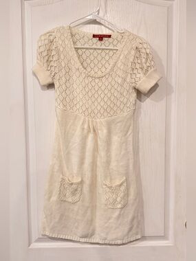 JJ Basics  Cream Knit Lace-Yoke Casual Dress